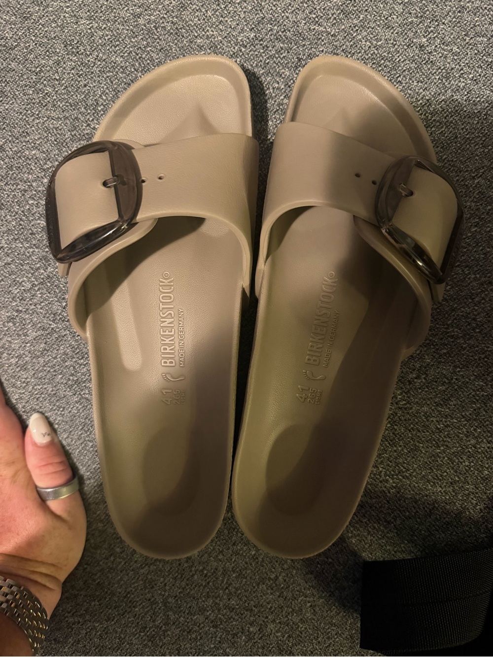 Birkenstock Women's Taupe Single Strap Slide Sandals with Clear Buckle